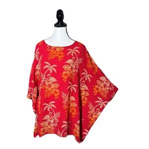 Quacker Factory Orange Poncho Blouse SZ S Palm Trees Flamingo Kimono Caftan Top